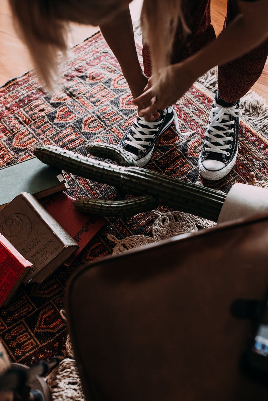 unrecognizable woman collecting houseplant and books scattered on floor